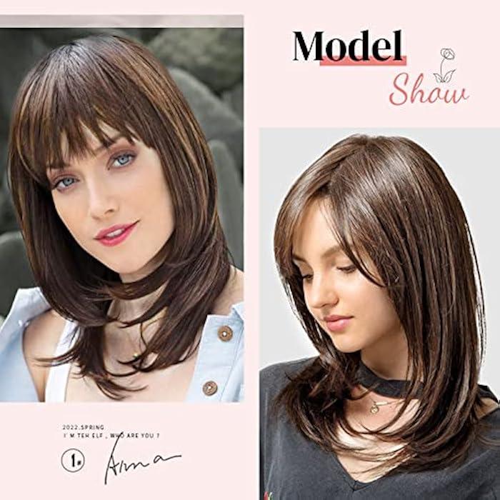 DILLARDS Lonai Brown Wigs With Bangs For Women, Shoulder Length Layered Synthetic Short Wig For Daily Use Party-Chocolate Brown - Image 4